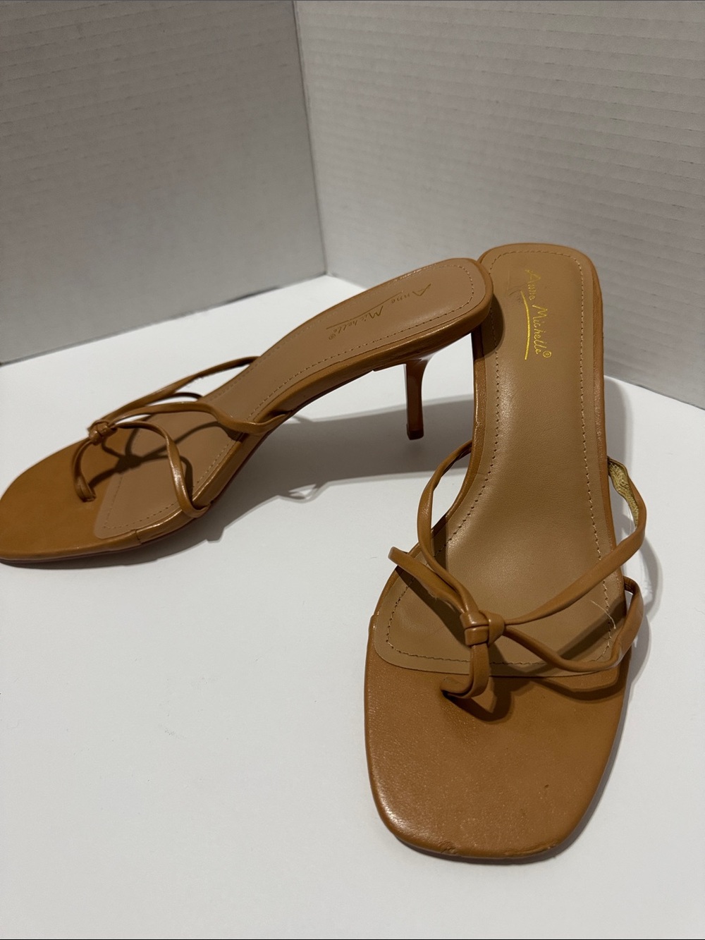 Tan Kitten Heel Knot Strap Flip Flop Sandals